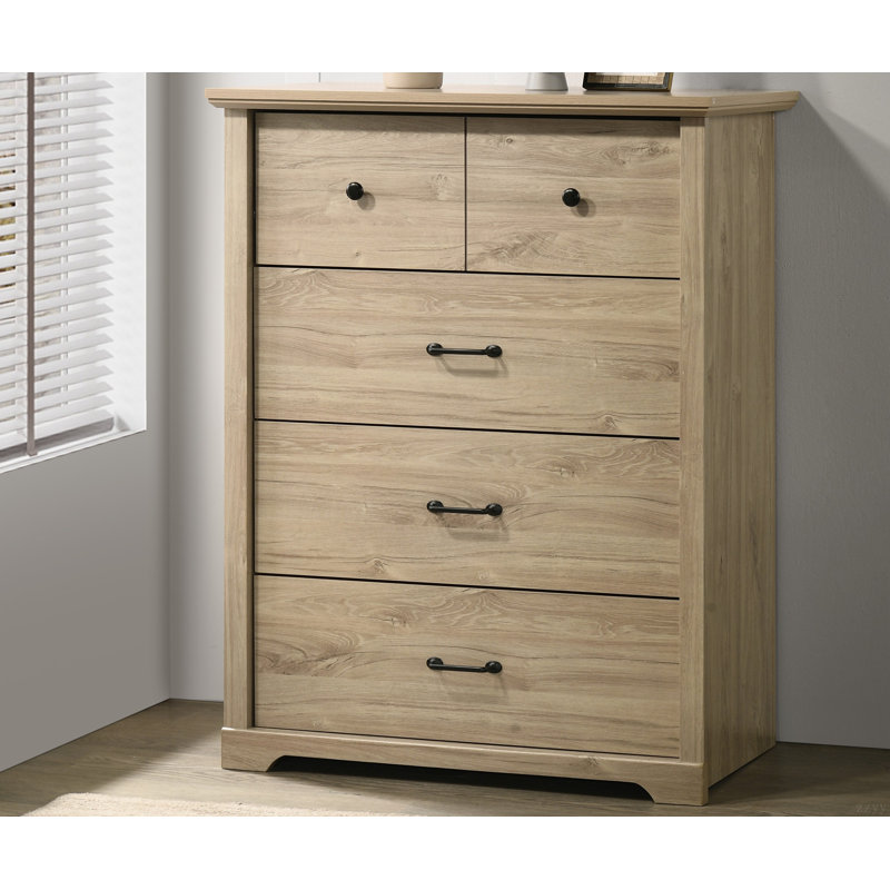 Commode 4 tiroirs avec poignées noires Elettra, Chêne clair