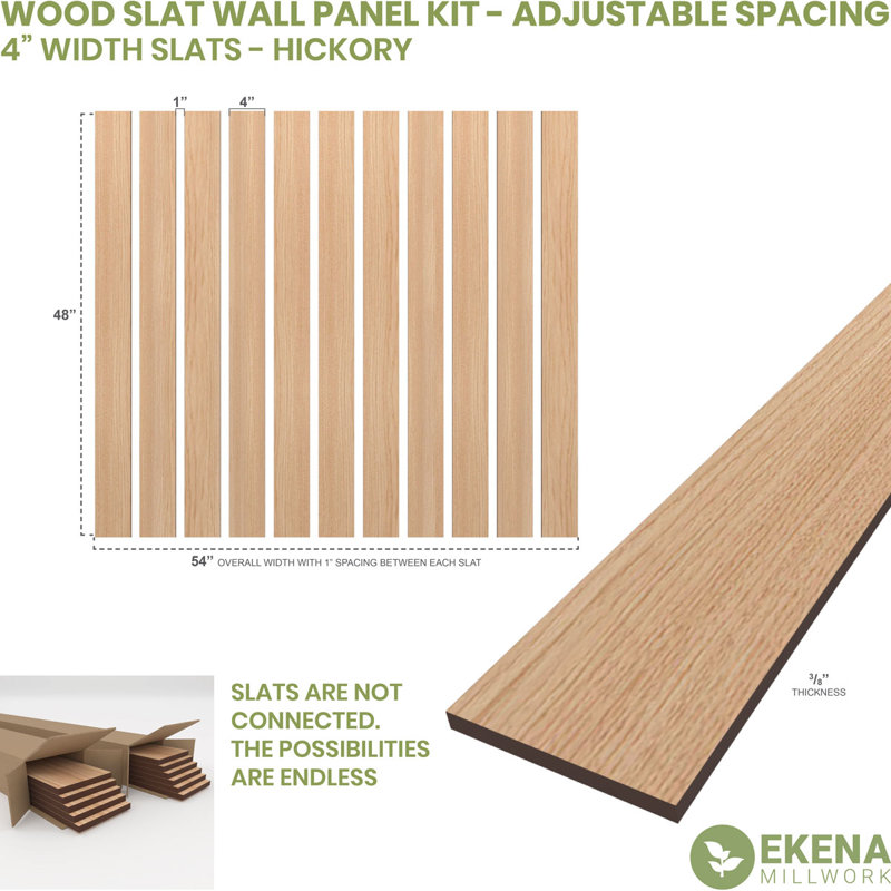 Adjustable Wood Slat Wall Panel Kit, 4"W x 47"H x 0.375"T, Hickory