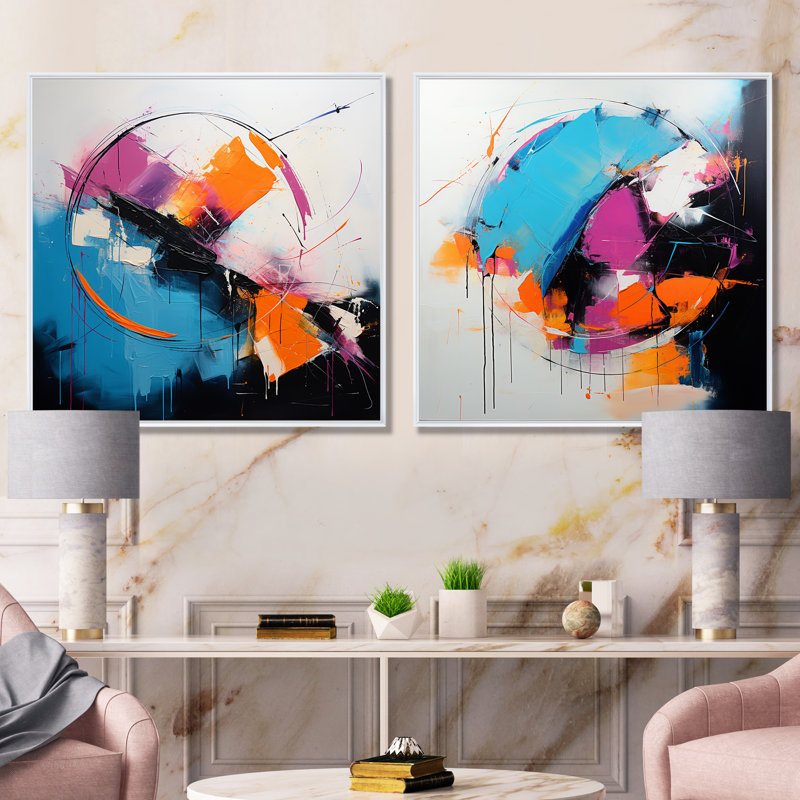 «Blue and Pink Paint Ink Expression I - Abstract Collages», ensemble de 2 impressions sur toile, Cadre blanc