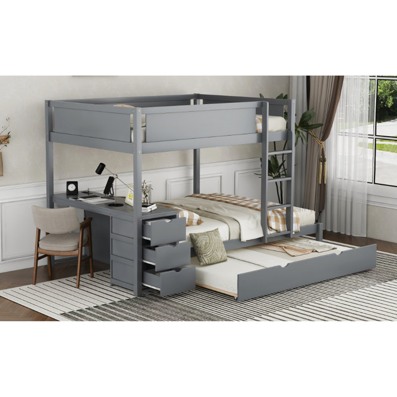 Lit superposé avec bureau, rangement et lit gigogne simple gris - Look moderne pour l'équilibre