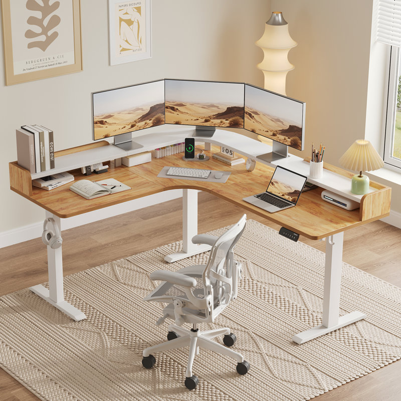 Bureau debout en L de 63 po pour ordinateur, bureau de coin électrique à hauteur réglable pour le bureau personnel, Naturel