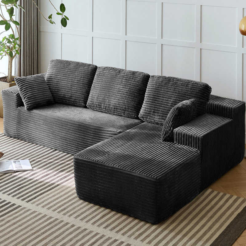 Compression-Boneless 96" L-Shaped Cloud Sectional Sofa with Oversized Chaise, Modular 3-Seater Corduroy Couch for Living Room & Bedroom, Deep Seat No Assembly Required（Beige.Right Hand Facing)
