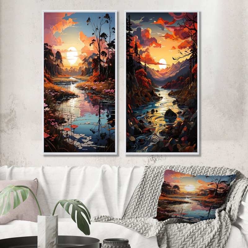 «Rivers Sunrise Enchantment - Lake River», ensemble de 2 impressions sur toile, Cadre blanc, H 40 po x l 41 po