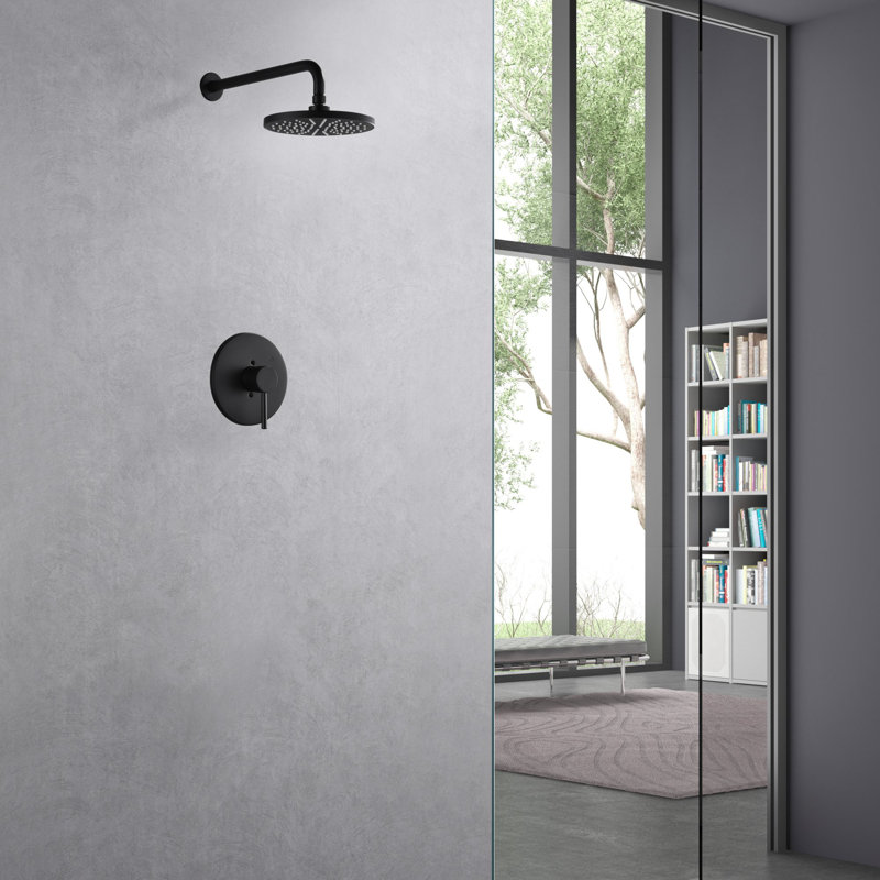 Garniture de douche de la collection Kree seulement: pomme de douche ronde de 8 po, ensemble de poignées simples et soupape brute incluse