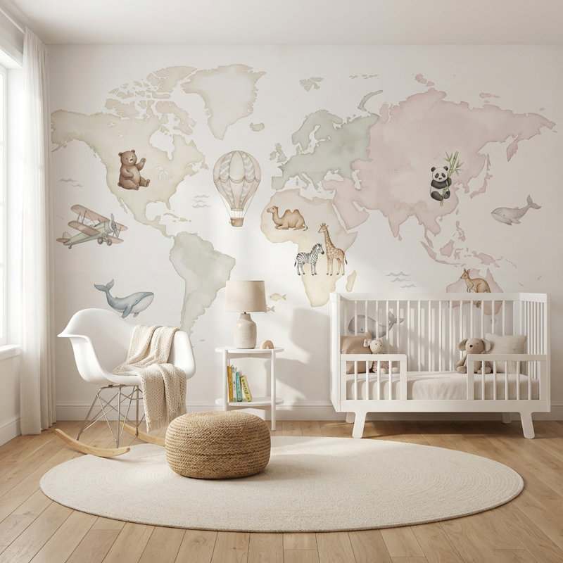 Papier peint carte du monde aquarelle, 120 po x 96 po, Peler et coller