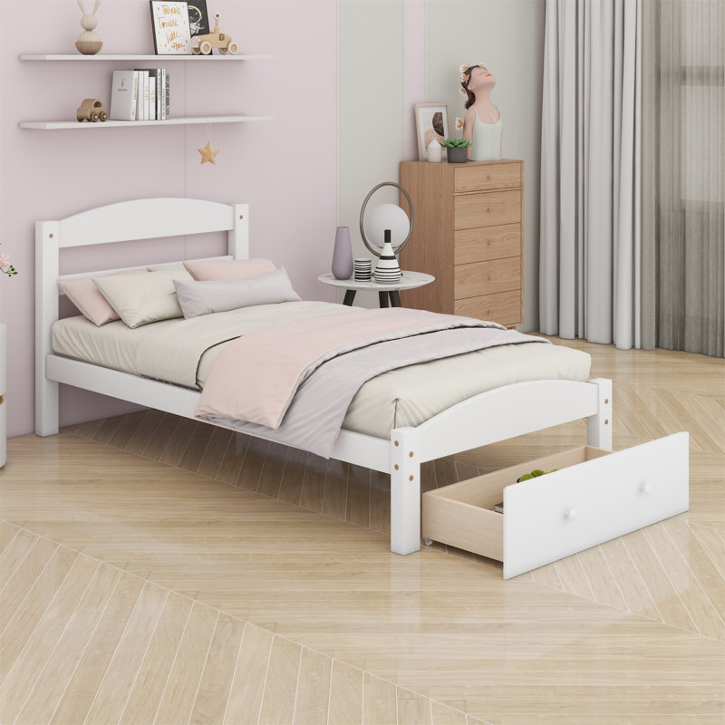 Base de lit plateforme avec tiroir de rangement, Blanc