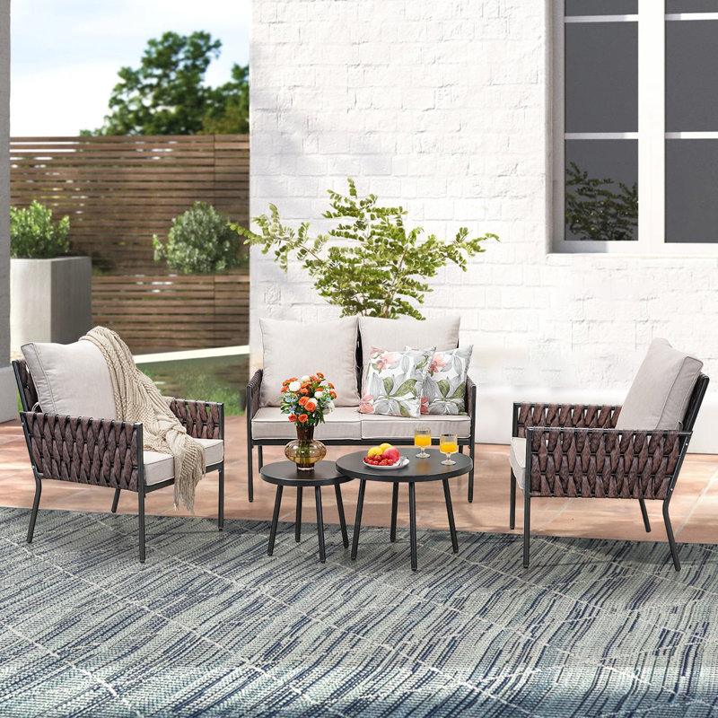 5 Pieces Patio Furniture Set,Outdoor Conversation Set with 2 Round Side Tables,Modern Metal Outdoor Couch with Waterproof Cushions for Backyard,Porch