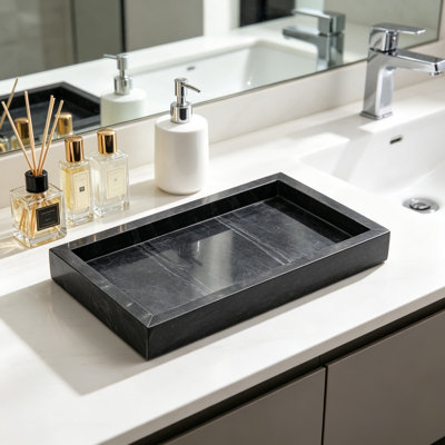 Plateau en marbre naturel pour salle de bain, cuisine et meuble-lavabo - Organisateur de pierre rectangulaire 10 x 6 pouces pour table basse, commode, table de chevet, bijoux, savon, serviette et décor de plante