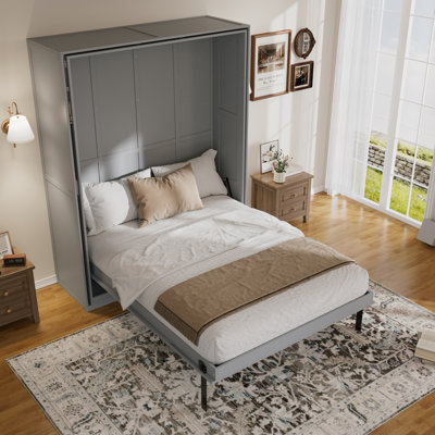 Rotating Queen Murphy Bed with Hidden Storage Racks, Space-Saving Multifunctional Wall Bed for Home Office & Small Rooms, Gray