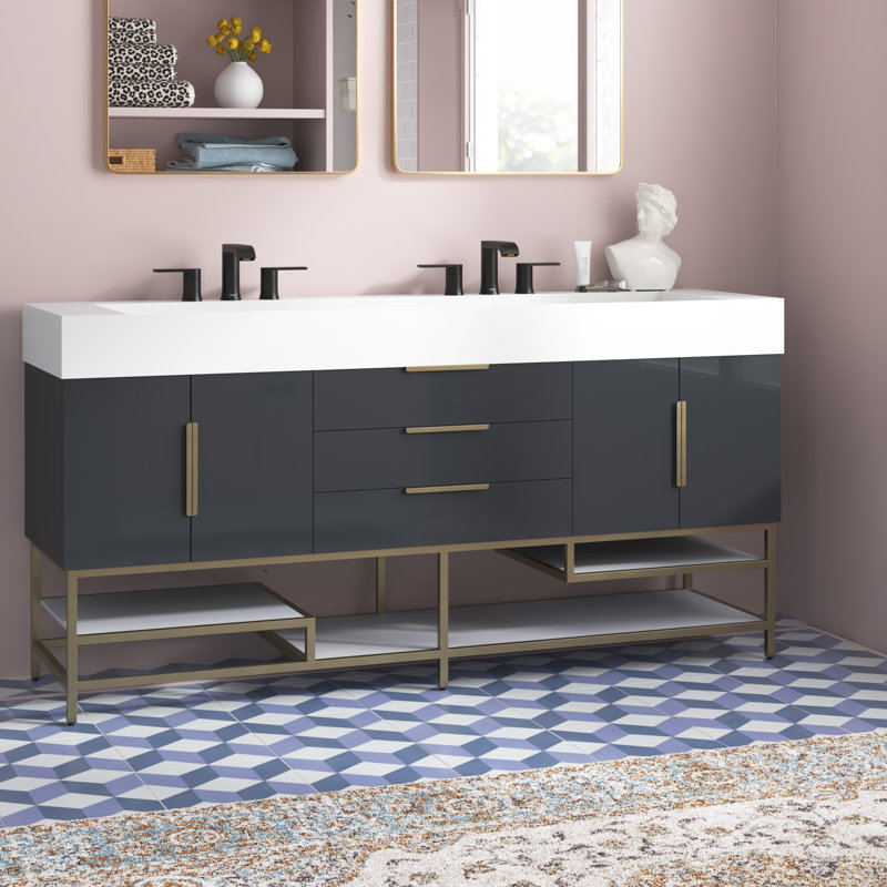 Ensemble de meuble-lavabo double 72 po Glasgow, Bleu nuit ultrabrillant, Blanc