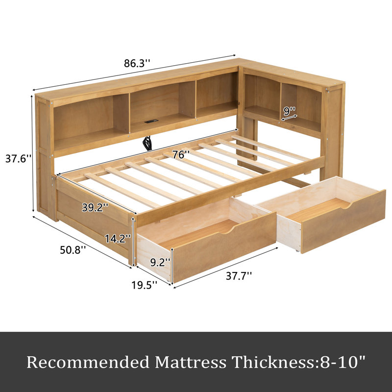Twin Size Daybed With Two Storage Drawers, Storage Cabinets And USB Ports, Wood