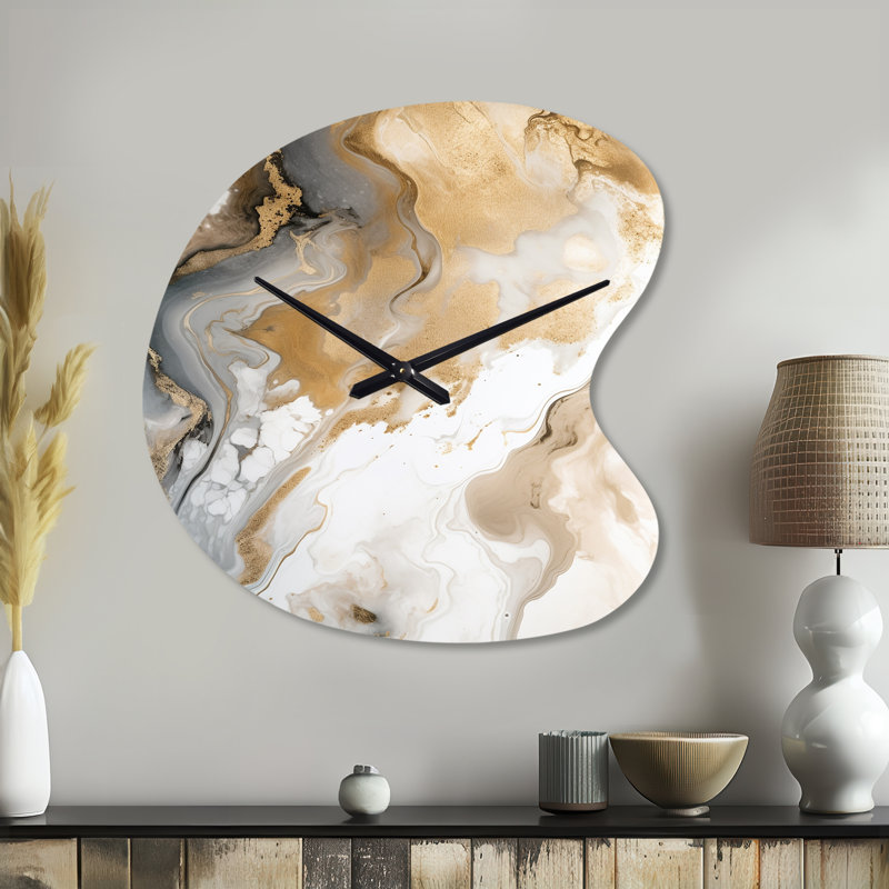 Gold And Grey A Marble Effect V - Drop Shape Large Abstract Marble 3D Wall Clock, Small