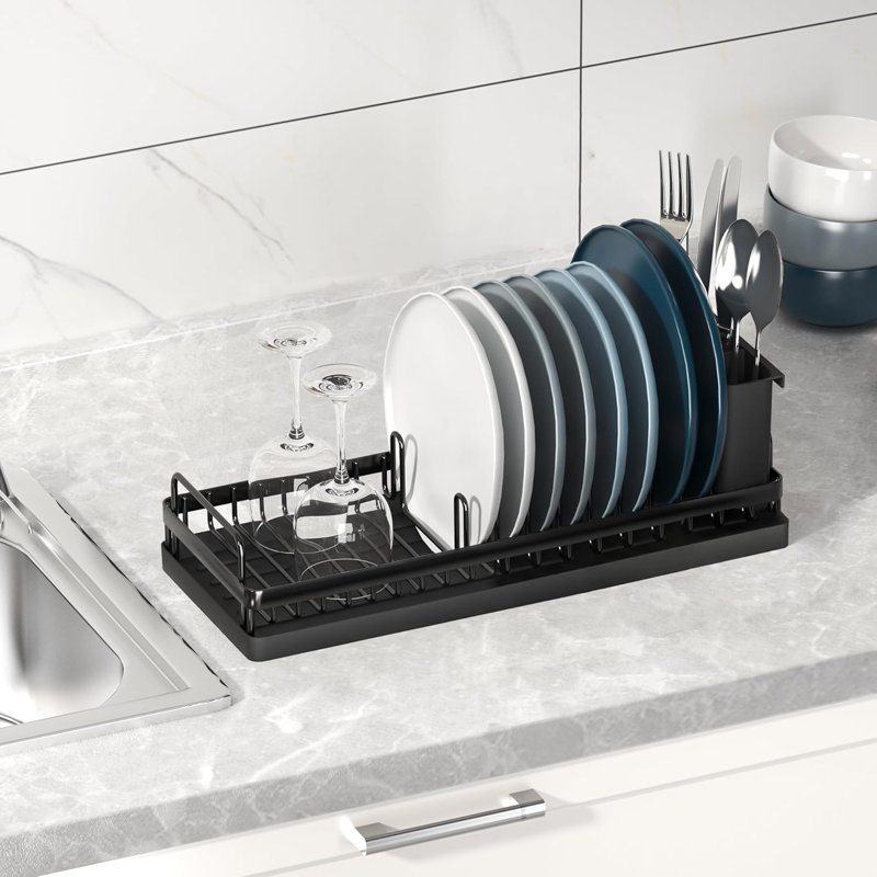 Compact Dish Drying Rack With Silicone Mat And Utensil Holder, Space-Saving Design For Small Kitchens