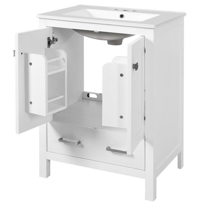 24-Inch Bathroom Vanity With Integrated Undermount Sink, Two Doors, One Drawer, Double-Layer Door Shelf, Soft-Close Design, And Easy Assembly Detailed Instructions Ceramic 2 1 Silver Handles, Ample