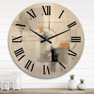 A Touch of Orange Minimal Grey Geometry Painting - Modern Geometric Oversized Wood Wall Clock