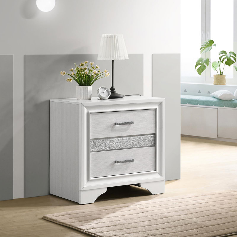 Table de chevet blanche à 2 tiroirs avec plateau à bijoux caché