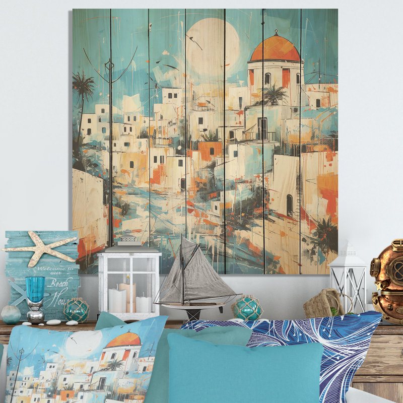Greek Island Impression Of Santorini 5 - Santorini On Wood Print, 15" H x 15" W