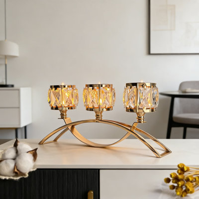 3-Arm Arched Crystal Candelabra Centerpiece - Elegant Metal Candle Holder With K9 Crystals For Wedding, Dining Table, And Home Decor