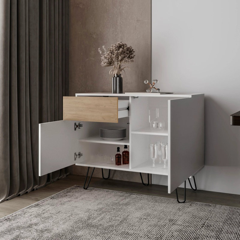 White And Natural Oak Sideboard With Hairpin Legs