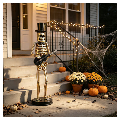 Statue de musicien squelette en métal doré de 164 cm avec haut-de-forme et nœud papillon, guitariste debout, décor de jardin pour l'Halloween