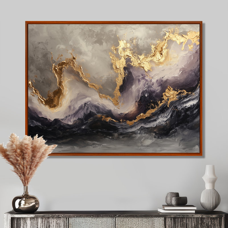 Ethereal Echo Golden Cosmos Reverie - Art mural abstrait en marbre, H 16 po x l 32 po, Cadre flottant, Brun