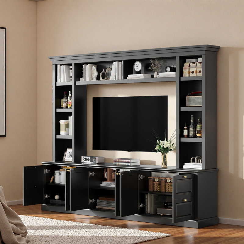 One-Piece Wall Unit Entertainment Center With Bookshelf For Tvs Up To 70", Black