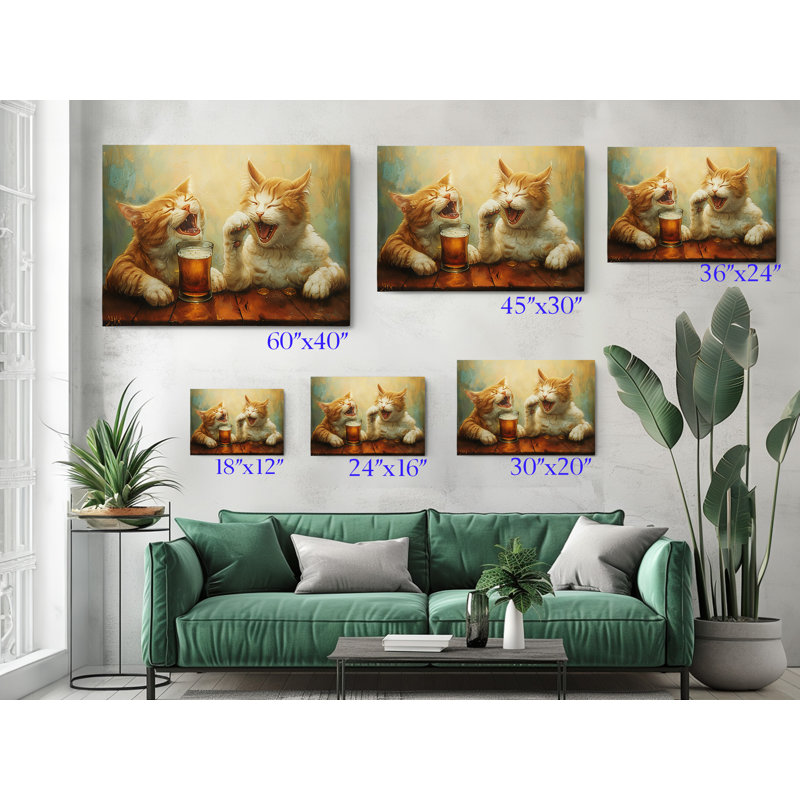 Two Cats with Beer Canvas Print, Modern Wall Art Decor for Home & Office, Painting Reproduction, 20" H x 30" W