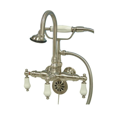 Robinet de baignoire à fixation murale à trois poignées avec douche à main à pattes Vintage, Nickel satiné