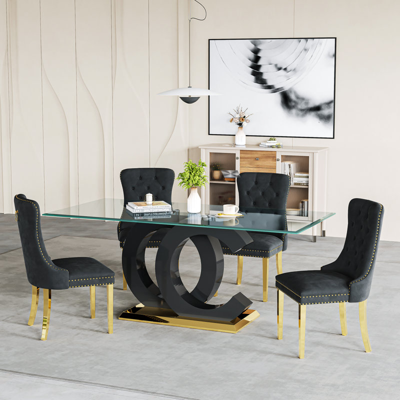 Ensemble repas, 5 pièces: table, 4 chaises, Noir et or, Black