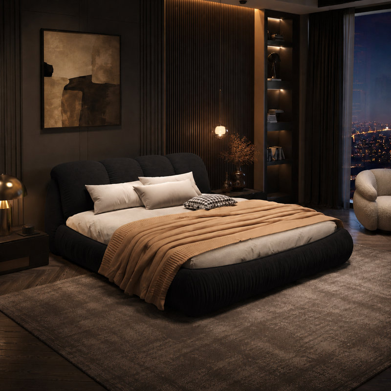Lit plateforme tapissier moderne en polyester avec pieds en bois massif, Noir, King