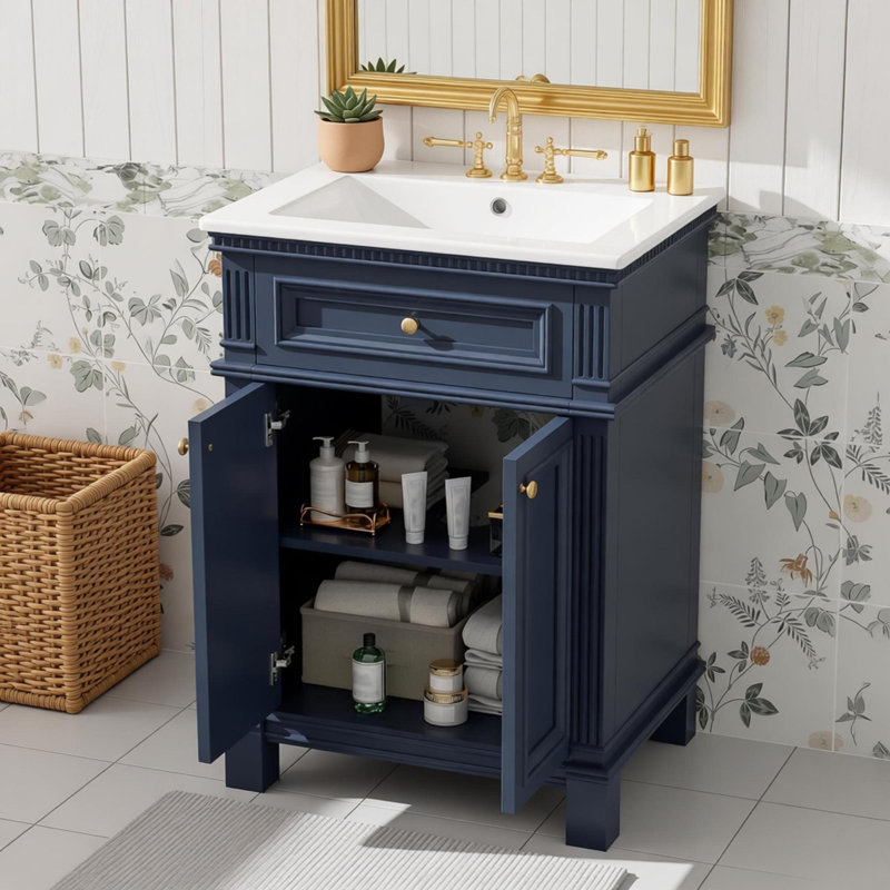 Armoire de salle de bain 24 po Vintage Elegance avec portes à fermeture douce et tablette réglable, meuble-lavabo avec lavabo en céramique