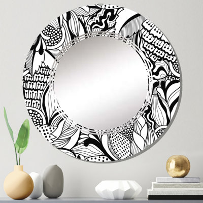 Fleurs abstraites en noir et blanc - Miroir mural moderne rond