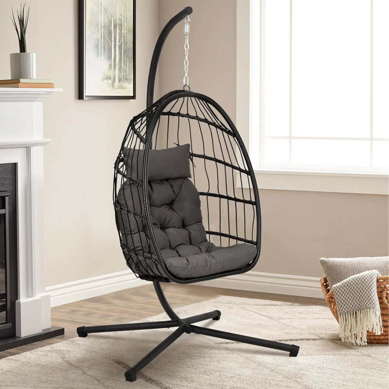Rattan Egg Swing Chair With Stand, Indoor/outdoor Hanging Hammock, Cushion & Waterproof Cover, Sturdy Steel Frame 350lbs Capacity, Weather (single Dark Grey)