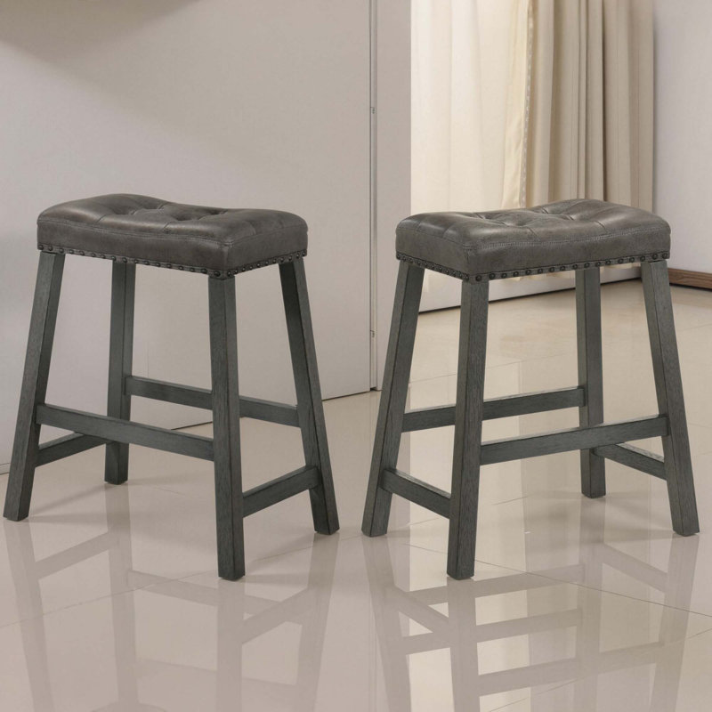Tabourets de comptoir rustiques sans dossier avec siège en similicuir (ensemble de 2), Gris
