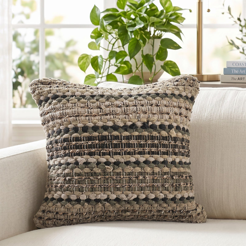 Handmade Chindi Striped Textured Cotton Blend Throw Pillow, Beige/Brown