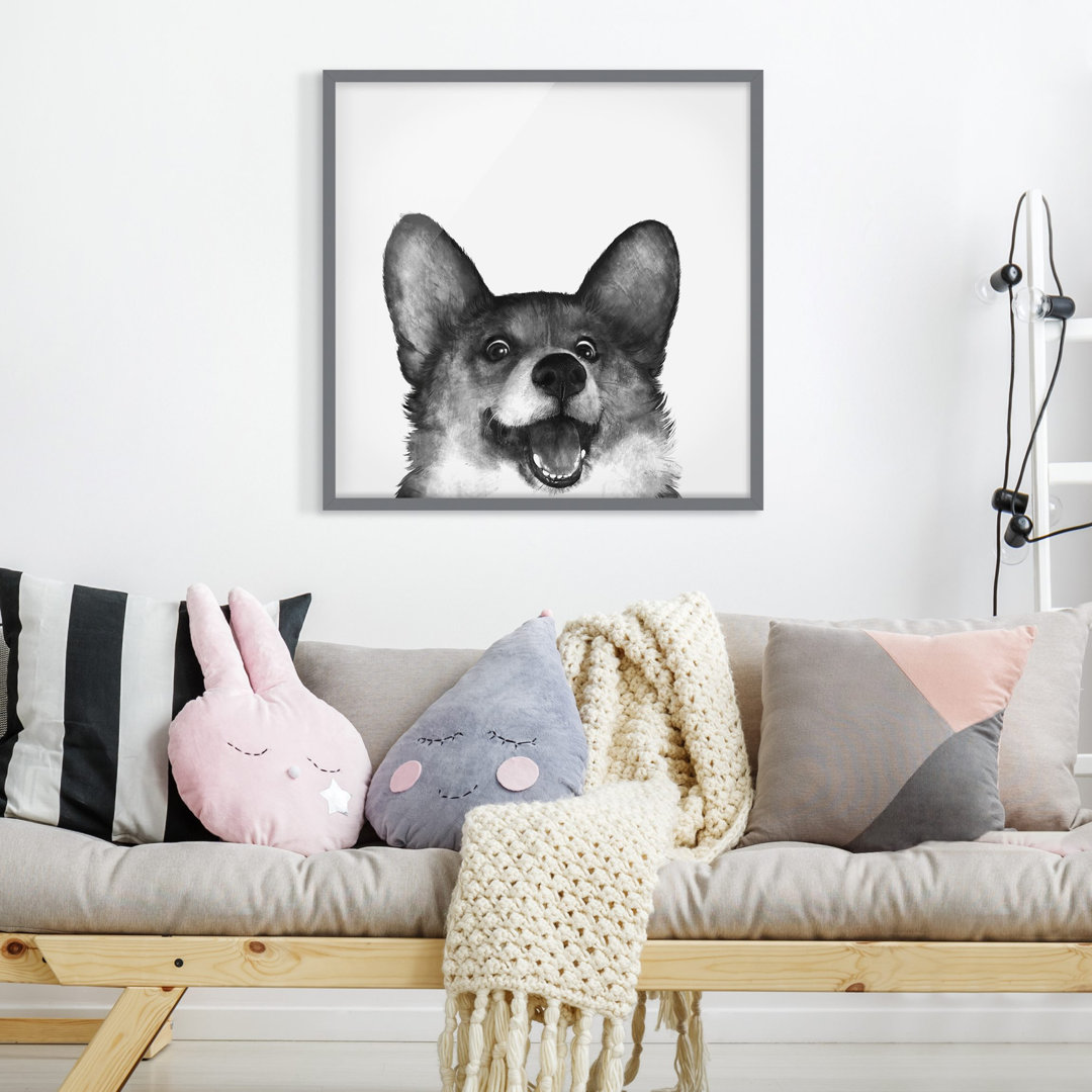 Gerahmtes Poster Illustration Hund Corgi Weiß Schwarz