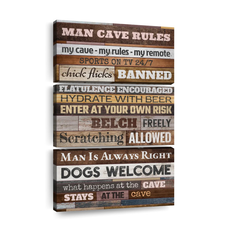 «Man Cave Rules I», ensemble de 3 reproductions sur toile par HomeyNotes Studio, H 38 po x l 24 po x P 1,25 po