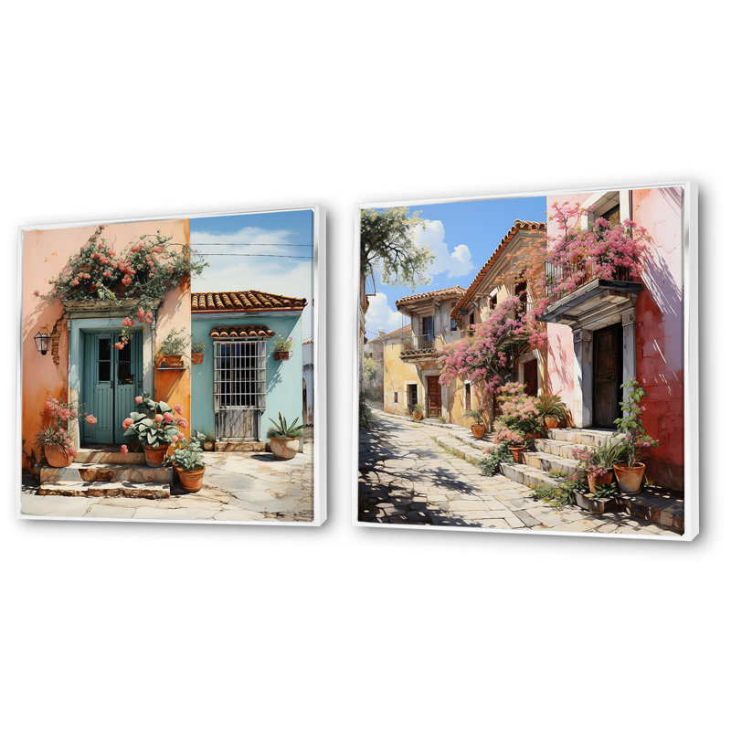 «Mexico Colonial Charm I», ensemble d'art mural sur toile 2 pièces, Cadre flottant blanc, H 16 po x l 33 po x P 1 po