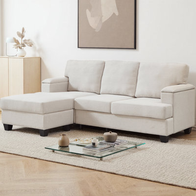 86" L-Shaped Sectional Sofa with Movable Ottoman & Armrest Storage, Upholstered 3-Seater Linen Couch with Thick Cushions for Living Room, Apartment by Latitude Run