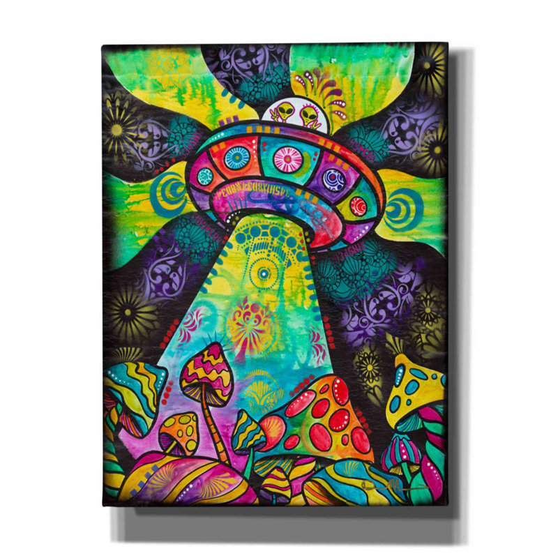 «We Come in Peace» par Dean Russo - peinture sur toile tendue, H 16 po x l 12 po x P 0,75 po