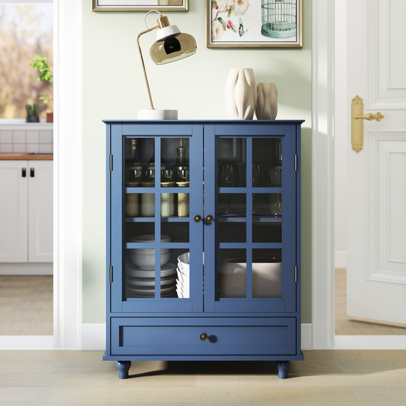 Blue Minimalist Storage Sideboard With Adjustable Shelving, Double Glass Doors, And Gracefully Curved Top, For Living Room Dining Cabinet Vintage Bronze Handles, Solid Wood Legs,