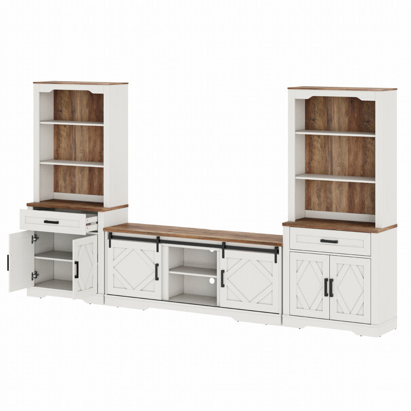 Farmhouse Mid-Century Modern TV Stand, Entertainment Center For 75" TV, 73"H 5-Tier Tall Bookcase, Open Storage & Barn Doors For Living Room, Bedroom,White