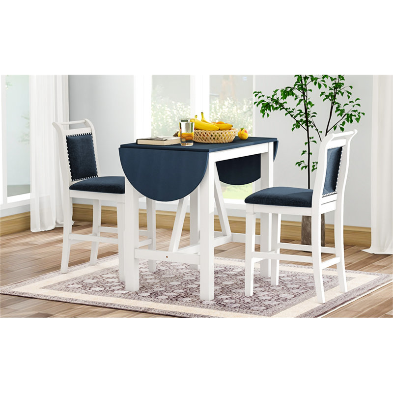 Ensemble de table de salle à manger à hauteur de comptoir en bois 3 pièces avec 2 chaises rembourrées, Bleu antique / blanc