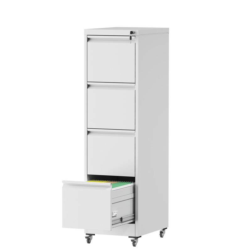 Classeur à 4 tiroirs sur roulettes blanc, métal, barre réglable, système d'inclinaison, assemblage facile, suspension à roulement en acier, armoire verticale nécessitant peu d'entretien, blanc, rangement sécuritaire pour les objets de valeur, caractéristique,