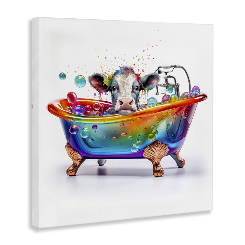 «Cow in Rainbow Bath», art mural sur toile par Mary Cunningham, H 36 po x l 36 po