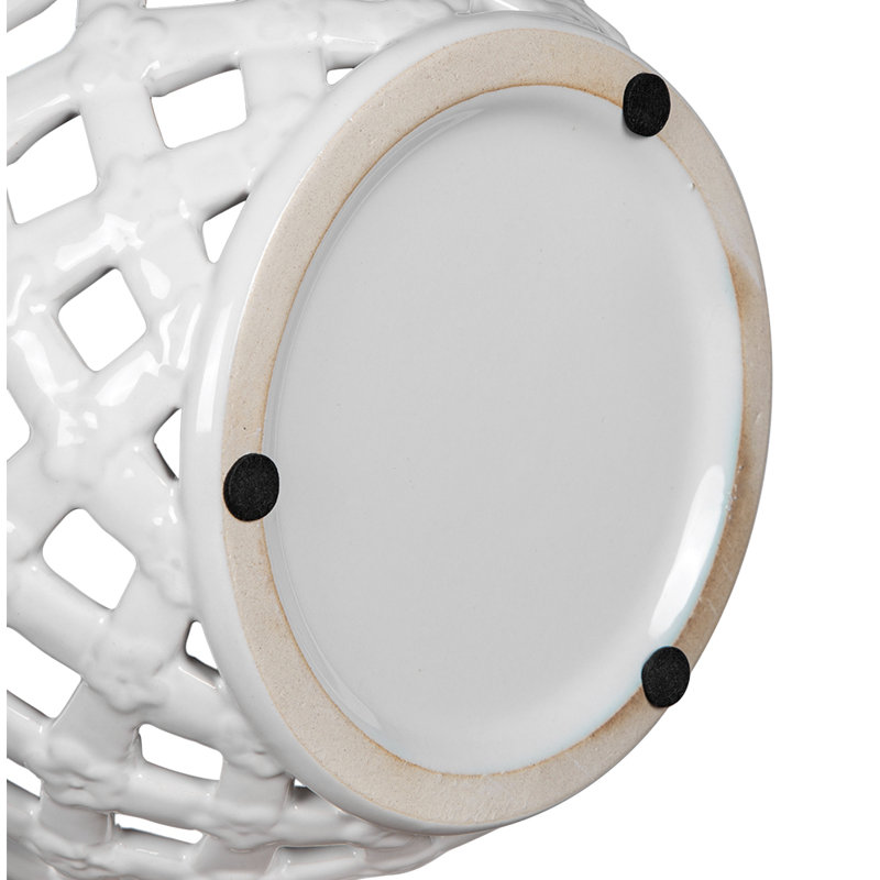 D8x9.5" White Ceramic Lidded Jar with Lattice Design
