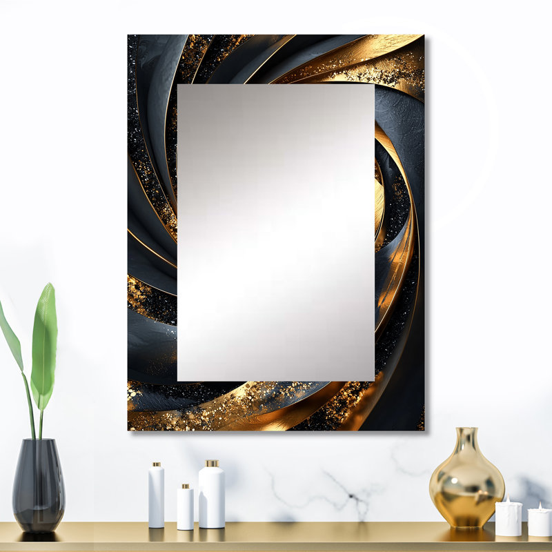 Abstract Spirals In Gold And Black Tones I - Abstract Spirals Large Wall Mirror, Gold Decorative Mirror, Printed Metal Art