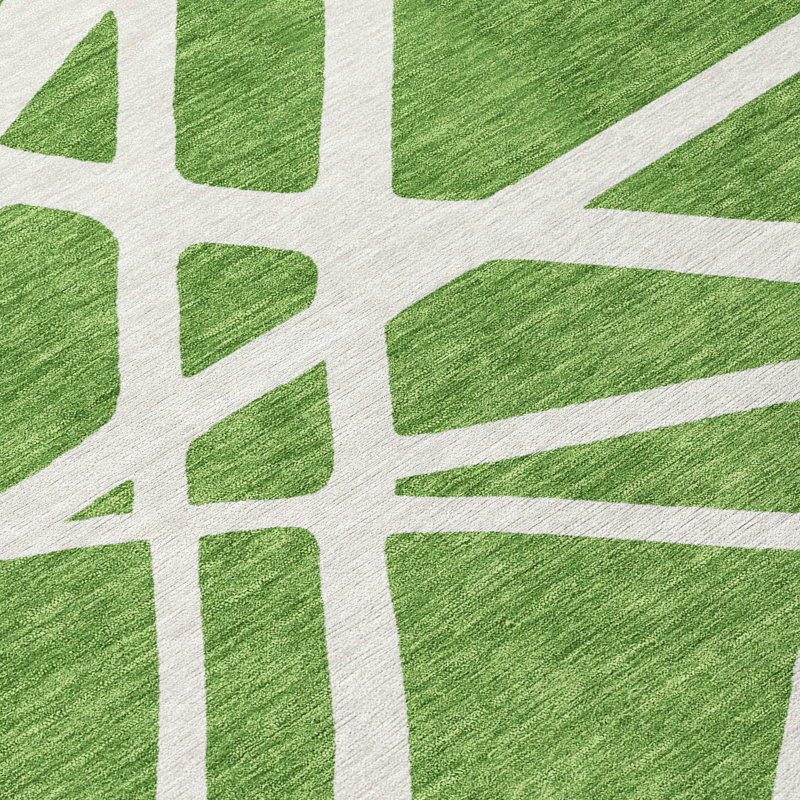 Green and White Geometric Washable Synthetic Rug