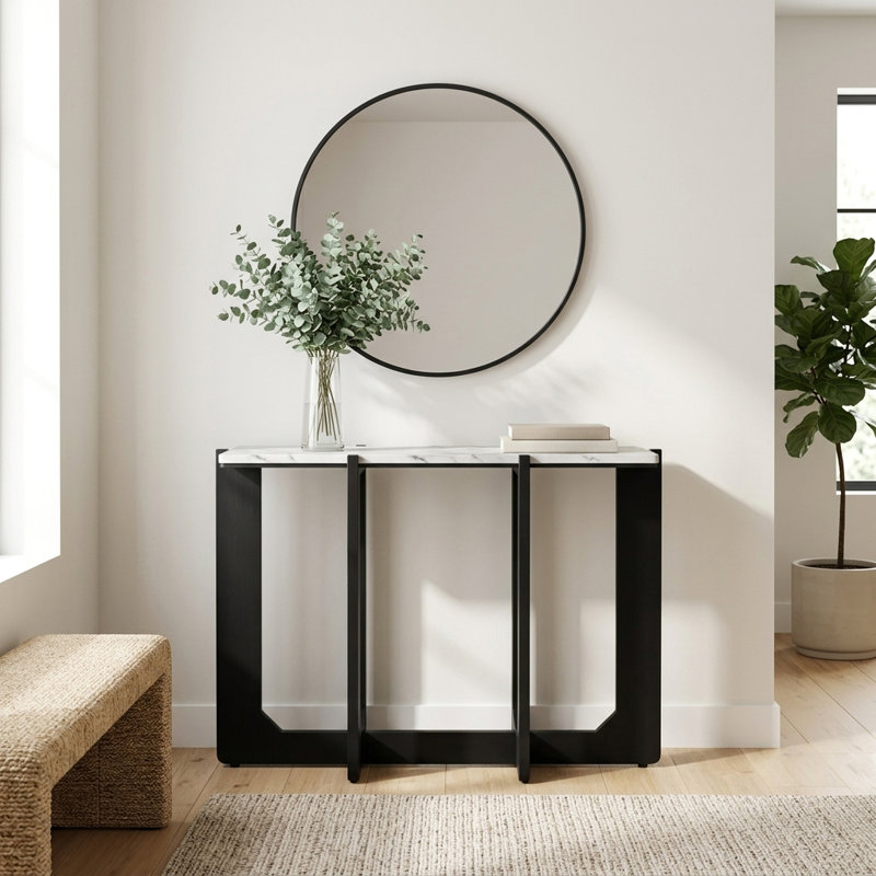 Retangular Marble Top Console Table With Criss Cross Base - Modern Narrow Table Perfect For Entryway, Hallway, Or Sofa Accent - 42", White & Black
