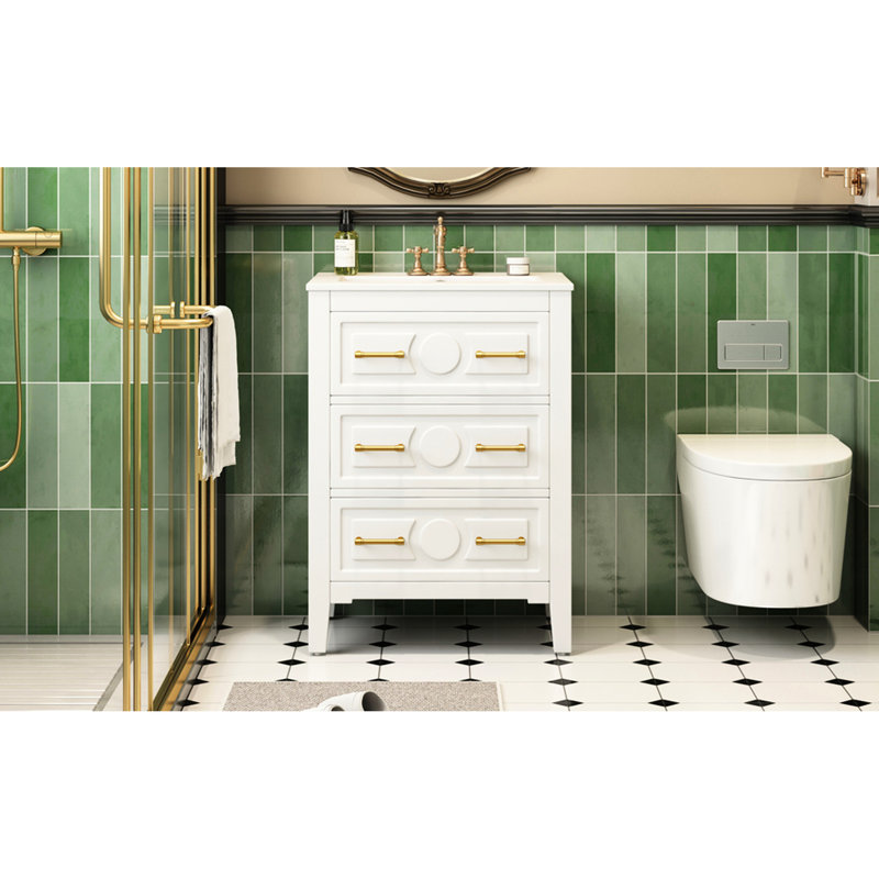 Meuble-lavabo blanc 24 po avec lavabo en céramique 24 po, 3 tiroirs, style rétro élégant, lavabo facile à assembler et structure en bois de pin massif, tiroirs pour un rangement efficace